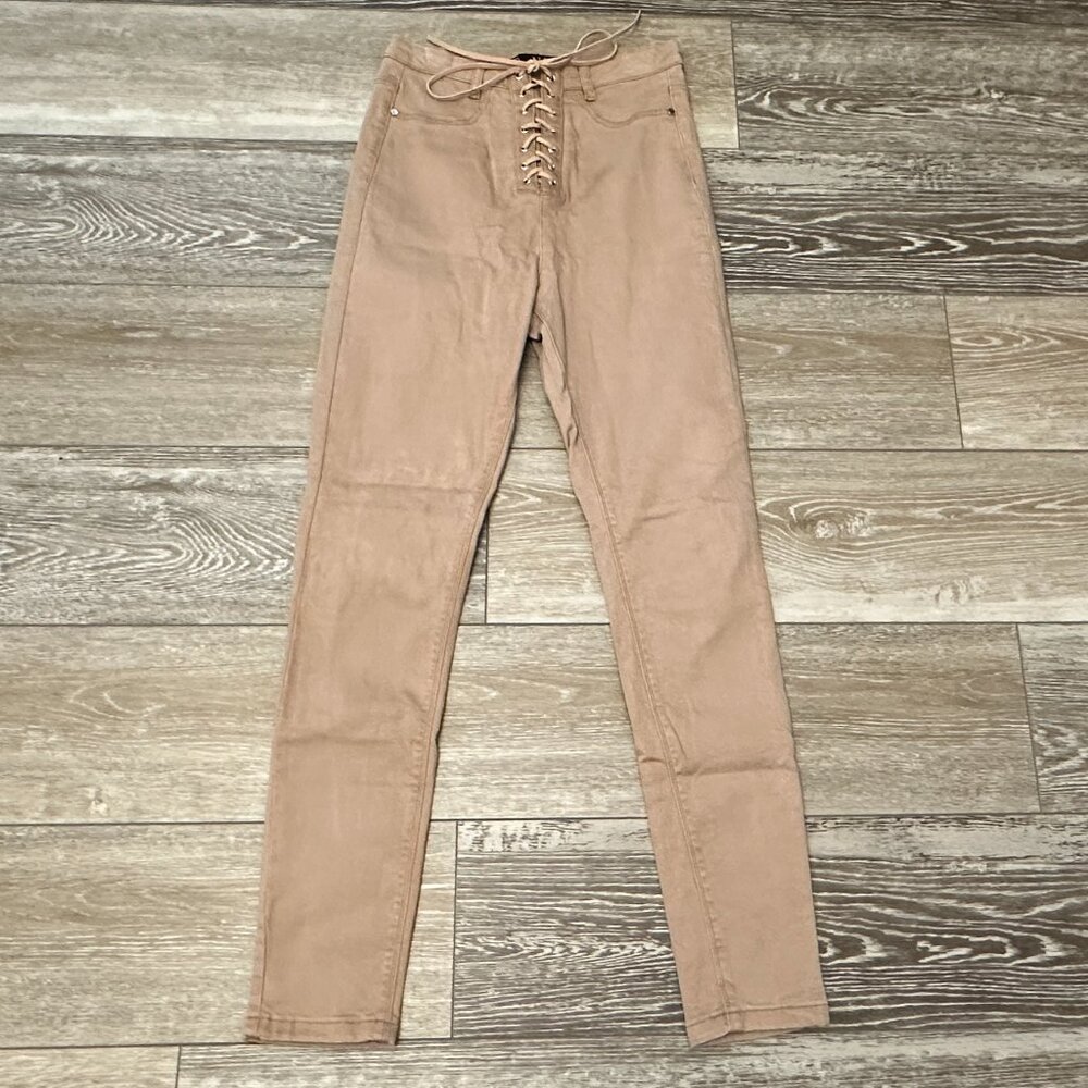Missguided Vice Sz 6 High Waist Tube Beige Denim Jeans Lace Up Closure FAB!